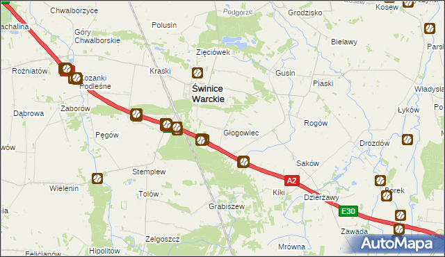 mapa Głogowiec gmina Świnice Warckie, Głogowiec gmina Świnice Warckie na mapie Targeo