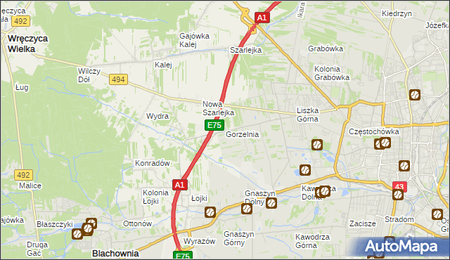 mapa Gorzelnia gmina Blachownia, Gorzelnia gmina Blachownia na mapie Targeo