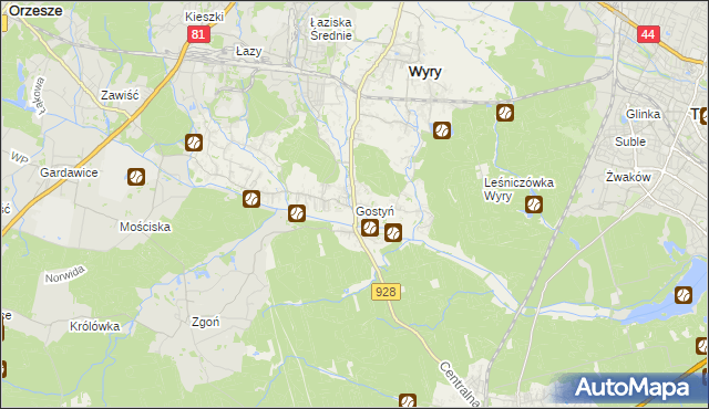 mapa Gostyń gmina Wyry, Gostyń gmina Wyry na mapie Targeo