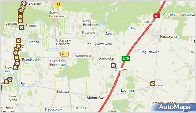 mapa Grabówka gmina Mykanów, Grabówka gmina Mykanów na mapie Targeo