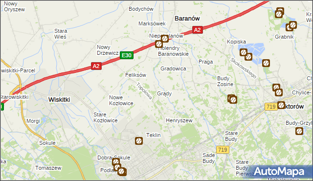 mapa Grądy gmina Jaktorów, Grądy gmina Jaktorów na mapie Targeo