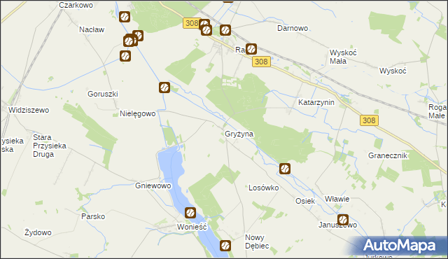 mapa Gryżyna gmina Kościan, Gryżyna gmina Kościan na mapie Targeo