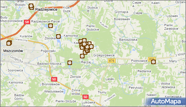 mapa Grzegorzewice gmina Żabia Wola, Grzegorzewice gmina Żabia Wola na mapie Targeo