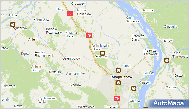 mapa Grzybów gmina Magnuszew, Grzybów gmina Magnuszew na mapie Targeo