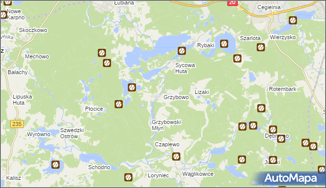 mapa Grzybowo gmina Kościerzyna, Grzybowo gmina Kościerzyna na mapie Targeo