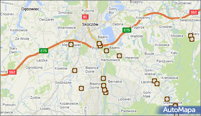 mapa Harbutowice gmina Skoczów, Harbutowice gmina Skoczów na mapie Targeo