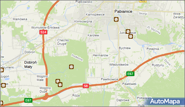 mapa Hermanów gmina Pabianice, Hermanów gmina Pabianice na mapie Targeo