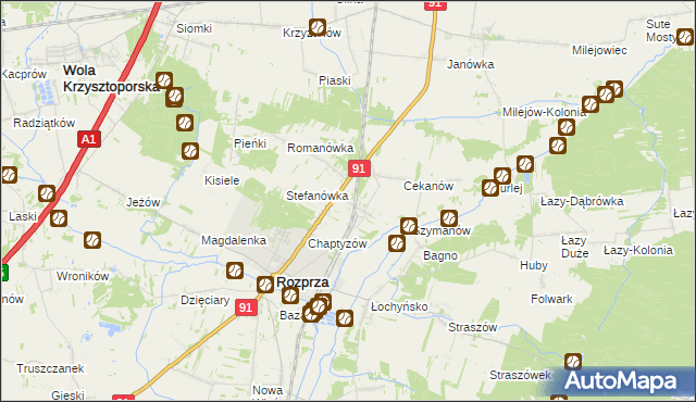 mapa Ignaców gmina Rozprza, Ignaców gmina Rozprza na mapie Targeo