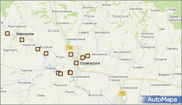 mapa Jakubowice gmina Działoszyce, Jakubowice gmina Działoszyce na mapie Targeo