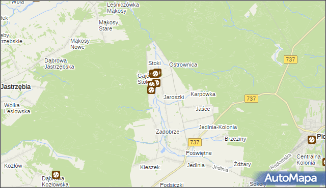 mapa Jaroszki gmina Pionki, Jaroszki gmina Pionki na mapie Targeo