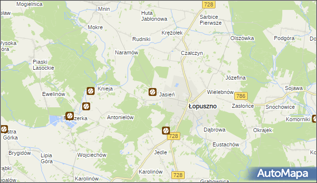 mapa Jasień gmina Łopuszno, Jasień gmina Łopuszno na mapie Targeo