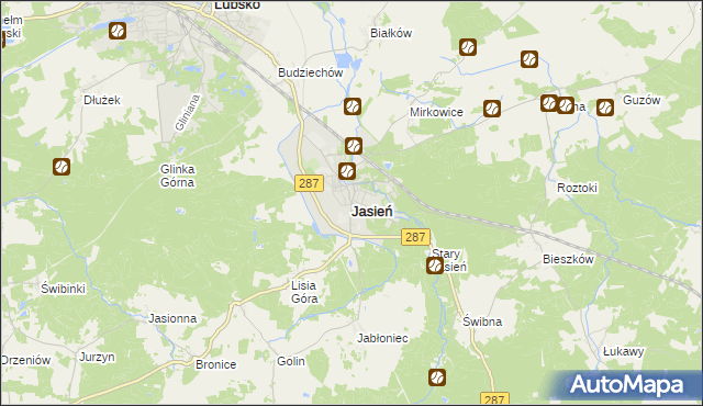 mapa Jasień powiat żarski, Jasień powiat żarski na mapie Targeo