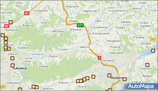 mapa Jawornik gmina Myślenice, Jawornik gmina Myślenice na mapie Targeo