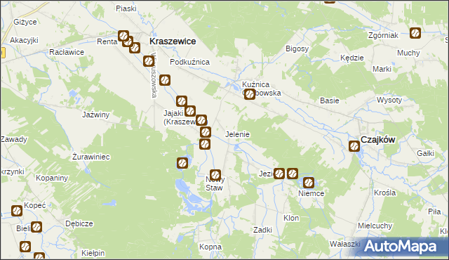 mapa Jelenie gmina Kraszewice, Jelenie gmina Kraszewice na mapie Targeo