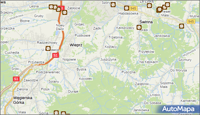 mapa Juszczyna, Juszczyna na mapie Targeo