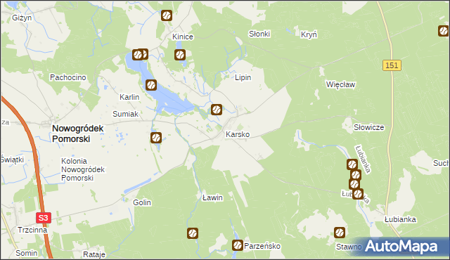 mapa Karsko gmina Nowogródek Pomorski, Karsko gmina Nowogródek Pomorski na mapie Targeo