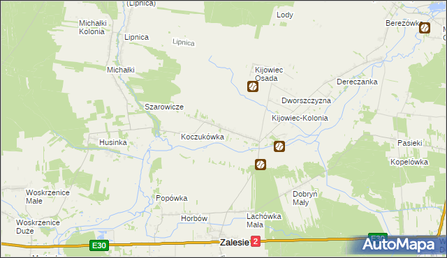 mapa Kijowiec gmina Zalesie, Kijowiec gmina Zalesie na mapie Targeo