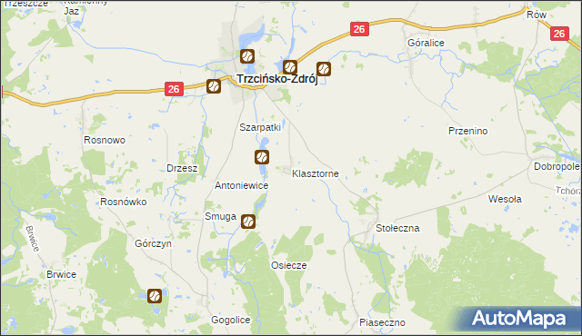 mapa Klasztorne gmina Trzcińsko-Zdrój, Klasztorne gmina Trzcińsko-Zdrój na mapie Targeo