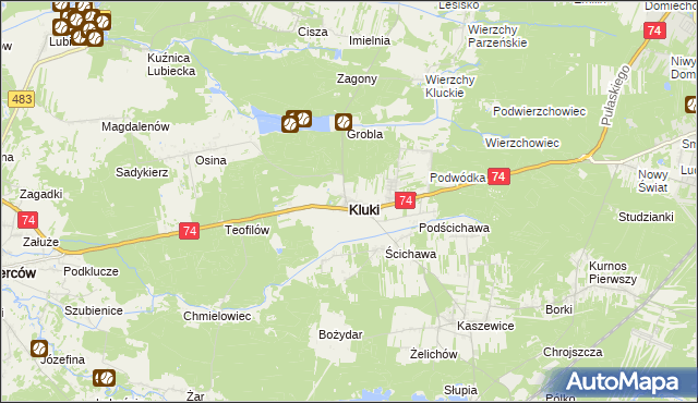 mapa Kluki powiat bełchatowski, Kluki powiat bełchatowski na mapie Targeo
