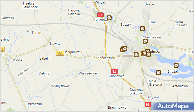 mapa Kończewice gmina Chełmża, Kończewice gmina Chełmża na mapie Targeo