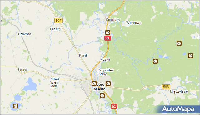 mapa Kosyń gmina Dobre Miasto, Kosyń gmina Dobre Miasto na mapie Targeo