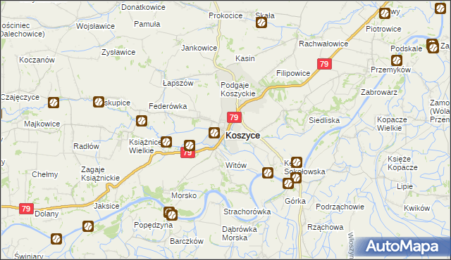 mapa Koszyce powiat proszowicki, Koszyce powiat proszowicki na mapie Targeo