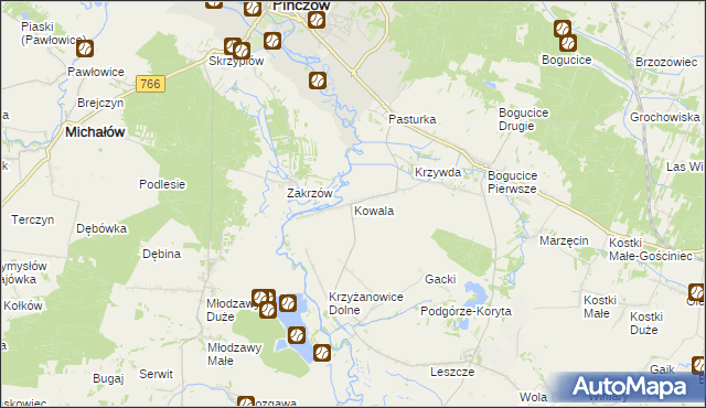 mapa Kowala gmina Pińczów, Kowala gmina Pińczów na mapie Targeo