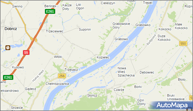 mapa Kozielec gmina Dobrcz, Kozielec gmina Dobrcz na mapie Targeo