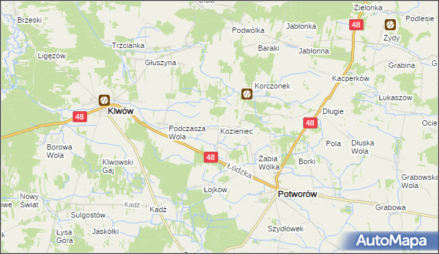 mapa Kozieniec gmina Potworów, Kozieniec gmina Potworów na mapie Targeo