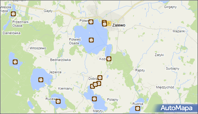 mapa Koziny gmina Zalewo, Koziny gmina Zalewo na mapie Targeo