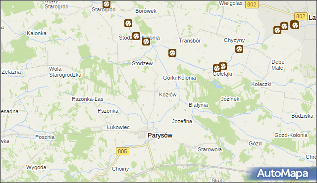 mapa Kozłów gmina Parysów, Kozłów gmina Parysów na mapie Targeo