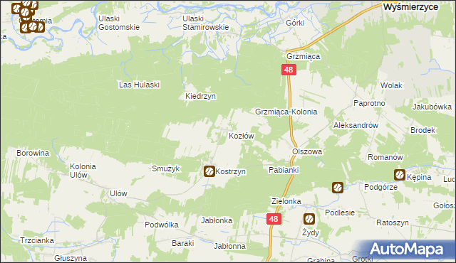mapa Kozłów gmina Wyśmierzyce, Kozłów gmina Wyśmierzyce na mapie Targeo