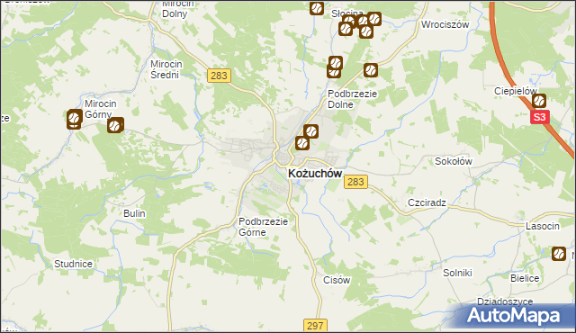 mapa Kożuchów powiat nowosolski, Kożuchów powiat nowosolski na mapie Targeo