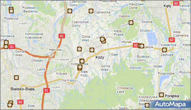 mapa Kozy powiat bielski, Kozy powiat bielski na mapie Targeo