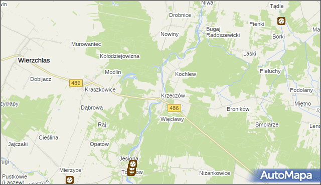 mapa Krzeczów gmina Wierzchlas, Krzeczów gmina Wierzchlas na mapie Targeo