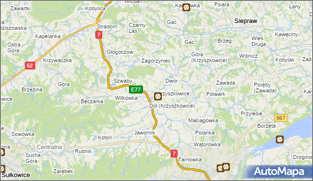 mapa Krzyszkowice gmina Myślenice, Krzyszkowice gmina Myślenice na mapie Targeo