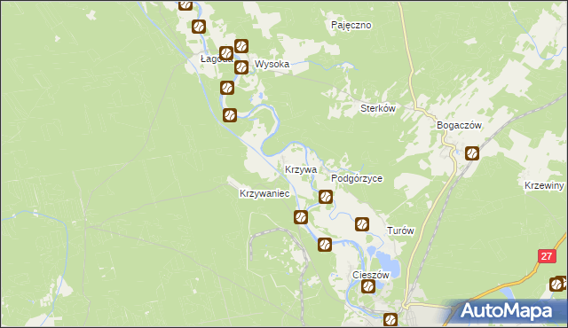 mapa Krzywa gmina Nowogród Bobrzański, Krzywa gmina Nowogród Bobrzański na mapie Targeo