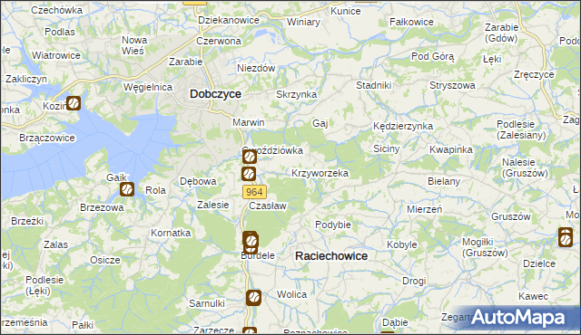 mapa Krzyworzeka gmina Raciechowice, Krzyworzeka gmina Raciechowice na mapie Targeo