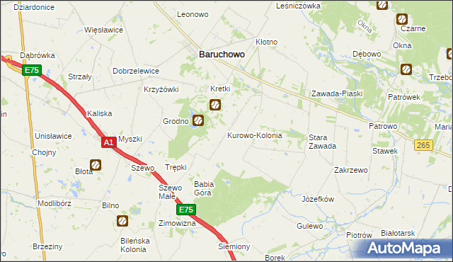 mapa Kurowo-Kolonia gmina Baruchowo, Kurowo-Kolonia gmina Baruchowo na mapie Targeo