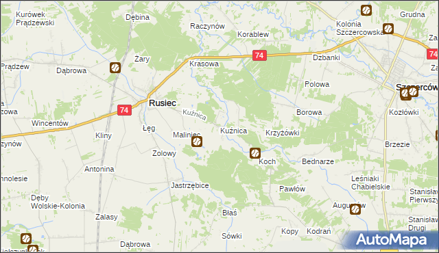 mapa Kuźnica gmina Rusiec, Kuźnica gmina Rusiec na mapie Targeo