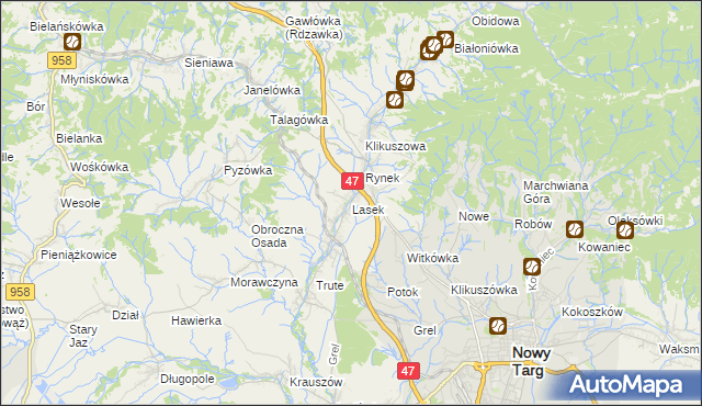 mapa Lasek gmina Nowy Targ, Lasek gmina Nowy Targ na mapie Targeo