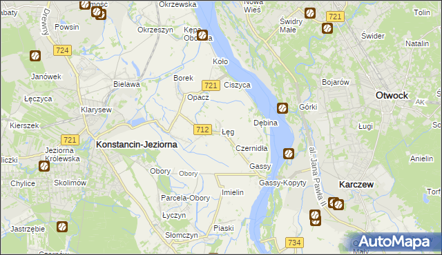 mapa Łęg gmina Konstancin-Jeziorna, Łęg gmina Konstancin-Jeziorna na mapie Targeo
