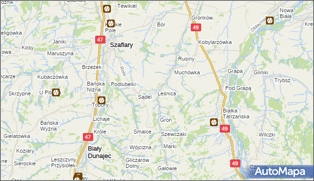 mapa Leśnica gmina Bukowina Tatrzańska, Leśnica gmina Bukowina Tatrzańska na mapie Targeo