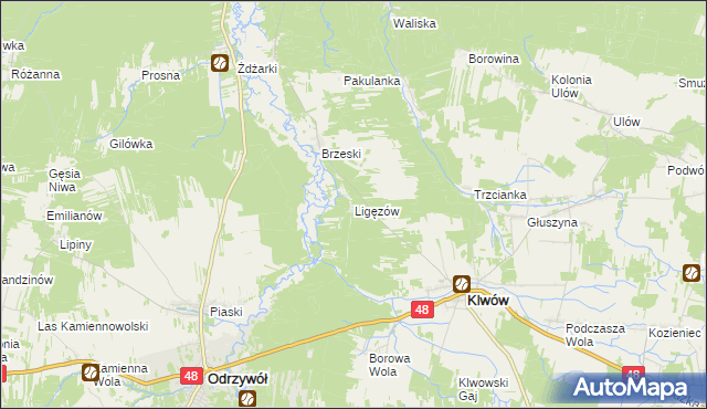 mapa Ligęzów gmina Klwów, Ligęzów gmina Klwów na mapie Targeo