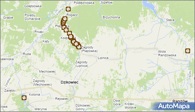 mapa Lipnica gmina Dzikowiec, Lipnica gmina Dzikowiec na mapie Targeo