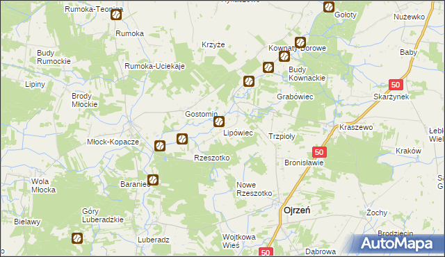 mapa Lipówiec gmina Ojrzeń, Lipówiec gmina Ojrzeń na mapie Targeo