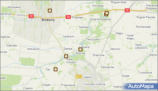 mapa Lisowice gmina Koluszki, Lisowice gmina Koluszki na mapie Targeo