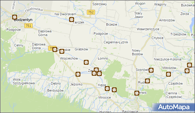 mapa Łomno gmina Pawłów, Łomno gmina Pawłów na mapie Targeo