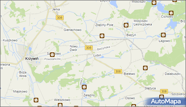 mapa Lubiń gmina Krzywiń, Lubiń gmina Krzywiń na mapie Targeo