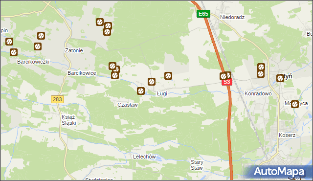 mapa Ługi gmina Otyń, Ługi gmina Otyń na mapie Targeo